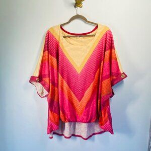 Chevron Print Plus Size Poncho Top With Buttoned Sleeves Multicolor 26/28